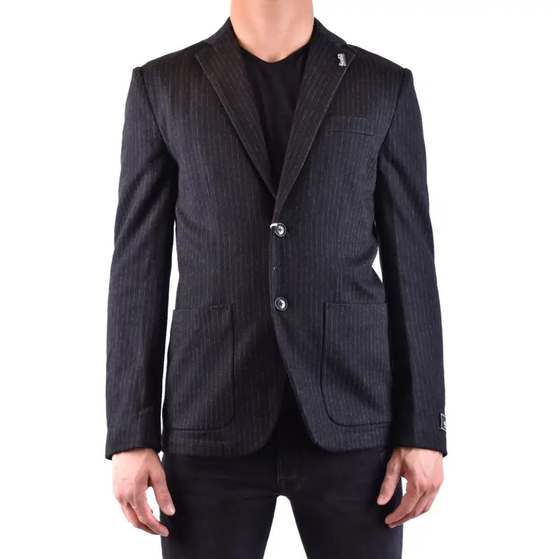 Sun68 Blazer homme en laine mélangée noire à fines rayures verticales gris anthracite et tissage texturé subtil.