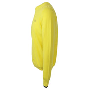 Yellow hoodie with black drawstring and logo on left chest.