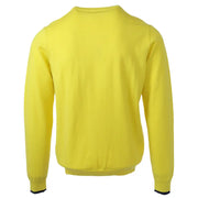 Yellow crew neck sweater with black trim and ribbed cuffs, inspired by nike’s classic design.