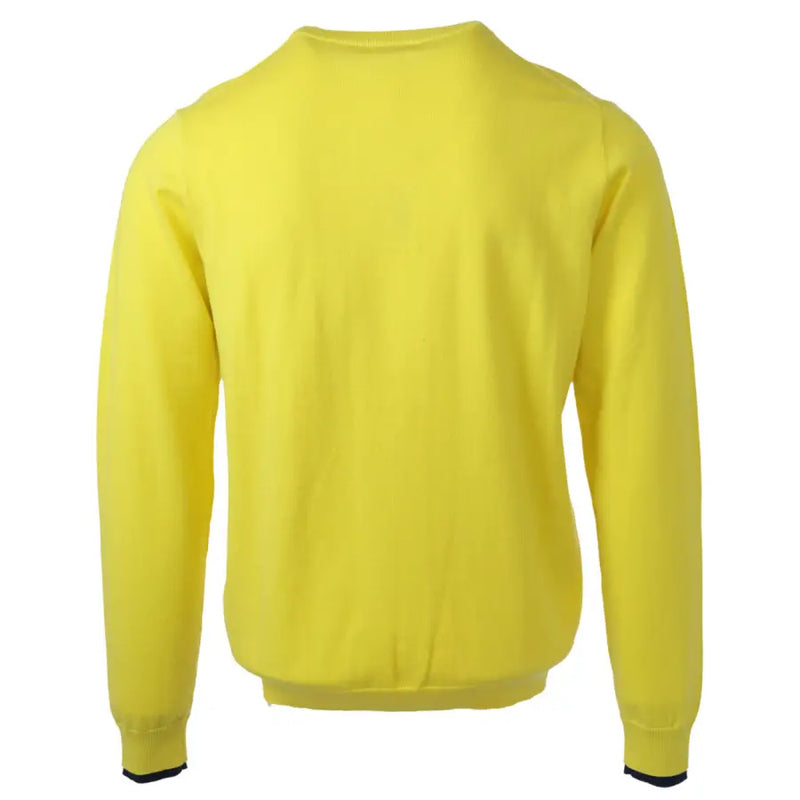 Yellow crew neck sweater with black trim and ribbed cuffs, inspired by nike’s classic design.
