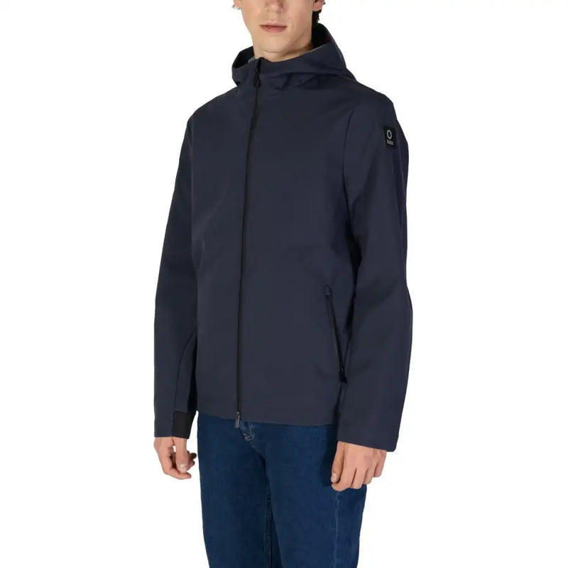 Navy blue softshell hooded jacket with black zipper and subtle brand logo on sleeve for fall winter use