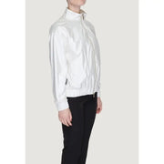 White glossy nylon bomber jacket with high collar elastic cuffs polyester zip front pockets for women by suns