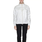 White nylon bomber jacket with high collar and silver zipper from suns women polyester jackets with zip and pockets