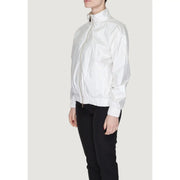White nylon Suns women bomber jacket with high collar polyester material zipper closure and front pockets