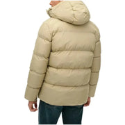 Beige puffer jacket with hood and quilted design, likely made of synthetic material for warmth.assistant: beige puffer jacket with hood and quilted design, likely made of synthetic material for warmth.