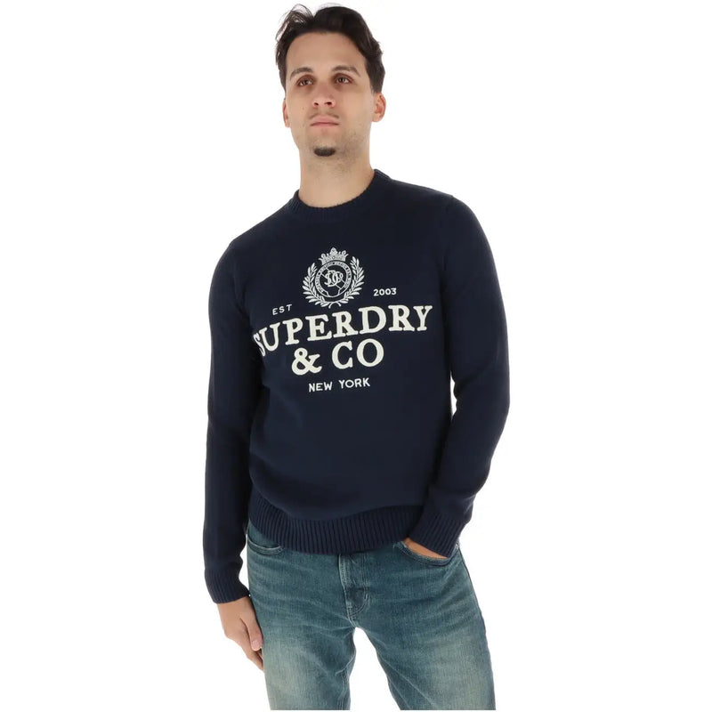 Superdry Pull en coton bleu marine pour homme, poignets côtelés et col rond, vue de face