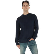 Superdry Pull en coton pour homme, bleu marine côtelé, col rond, vue de face