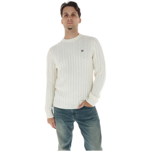 Superdry Pull en coton pour homme, maille côtelée blanche, avec petit logo brodé sur la poitrine, vue de face