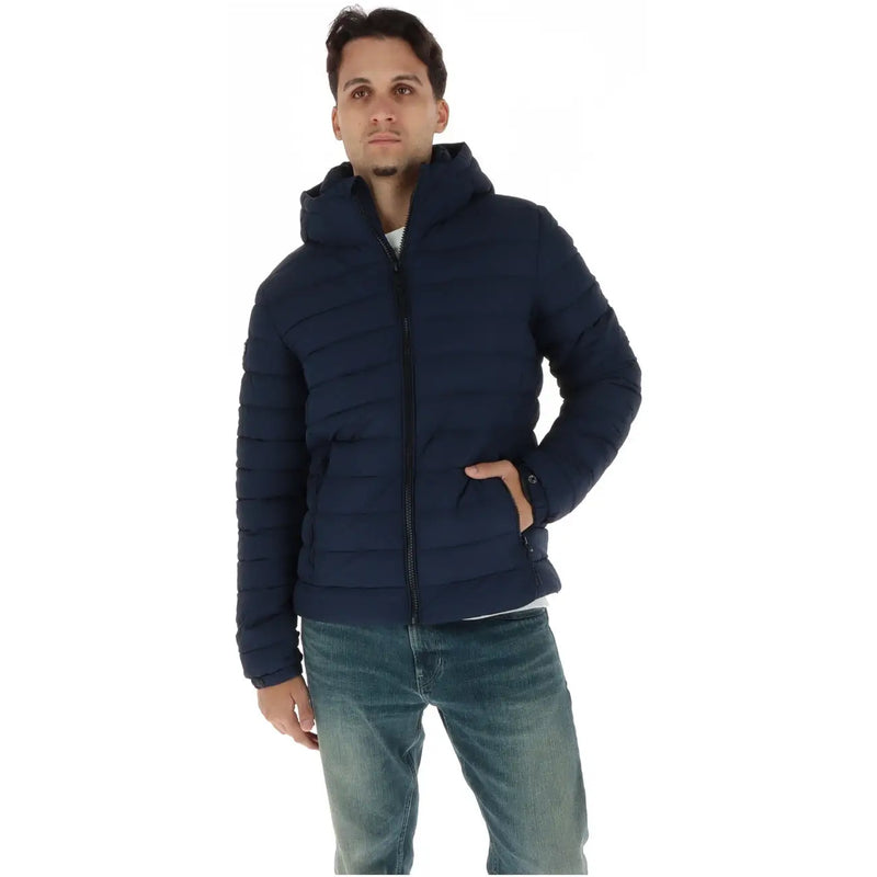 Superdry Veste matelassée à capuche pour homme, bleu marine, avec fermeture éclair noire et poches latérales, vue de face