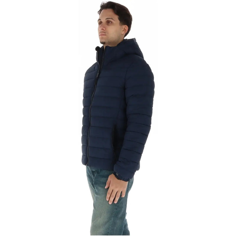 Superdry Veste pour homme en tissu matelassé bleu marine avec capuche et poignets côtelés, vue de face