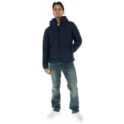 Superdry Veste matelassée à capuche pour homme, bleu marine, avec fermeture éclair sur le devant et poches latérales, vue de face