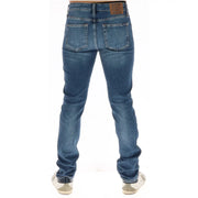 Superdry Jean homme en denim bleu délavé, poches arrière et empiècement en cuir marron, vue arrière