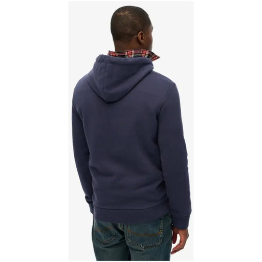 Men’s navy blue hoodie with plaid shirt collar from Superdry featuring front pockets