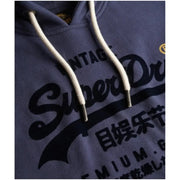 Navy blue Superdry men’s printed hoodie with white drawstrings and front pockets