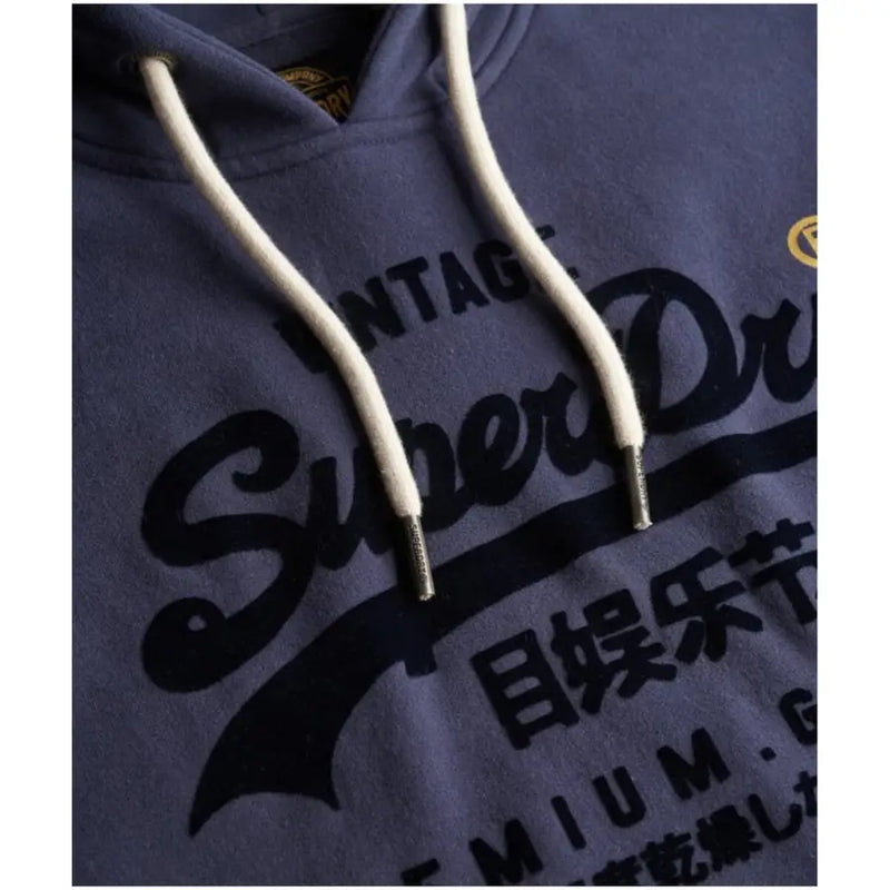 Navy blue Superdry men’s printed hoodie with white drawstrings and front pockets