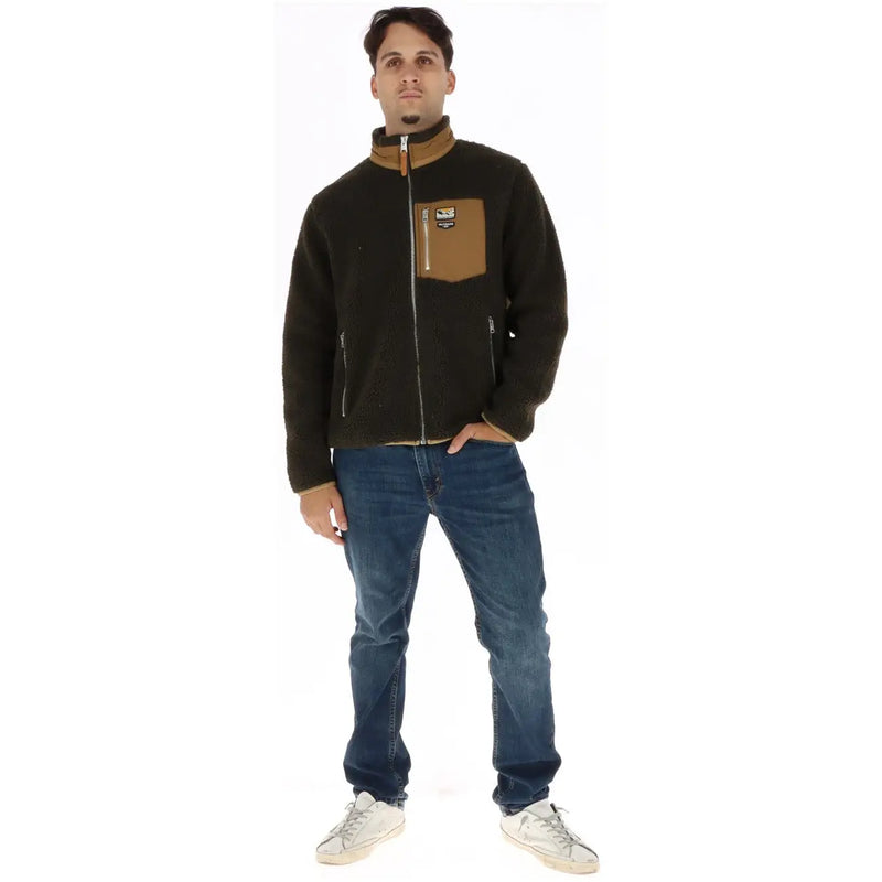 Superdry Blazer à col roulé zippé marron en polyester pour homme, avec veste polaire noire ornée de détails beiges et poche poitrine zippée.