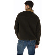 Superdry Blazer homme marron en polyester à col roulé zippé, doublé d'une veste en peau lainée vert olive foncé et col beige.
