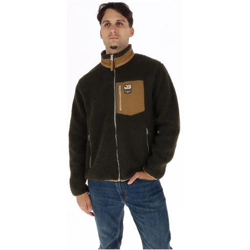Superdry Veste polaire marron pour homme en polyester, avec poche poitrine beige, fermeture éclair au col et logo discret sur la poche.