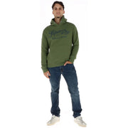 Superdry Sweat à capuche en coton vert olive pour homme, orné d'un logo gris foncé sur la poitrine.