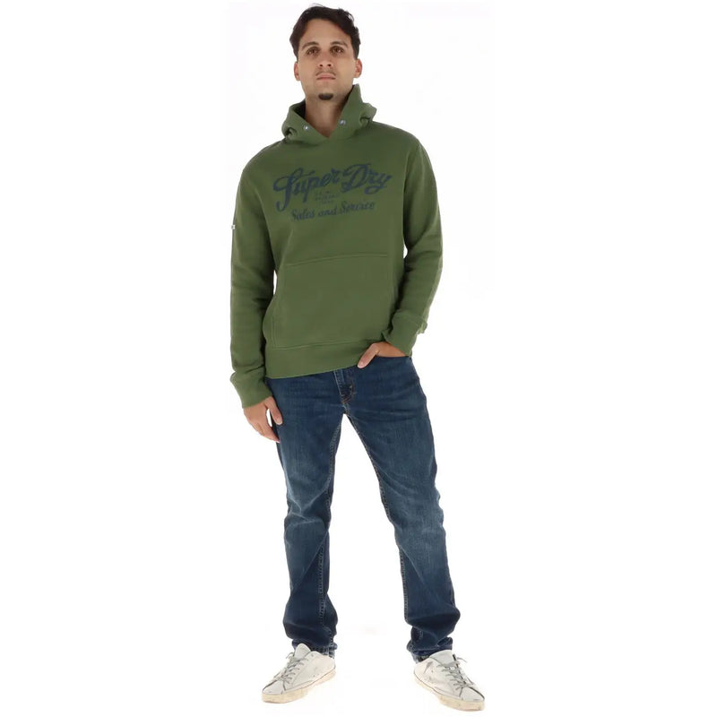 Superdry Sweat à capuche en coton vert olive pour homme, orné d'un logo gris foncé sur la poitrine.
