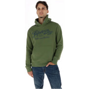 Sweat à capuche Superdry pour homme, en coton molletonné vert olive, avec logo en écriture délavée et poche avant.