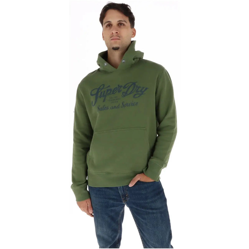 Sweat à capuche Superdry pour homme, en coton molletonné vert olive, avec logo en écriture délavée et poche avant.
