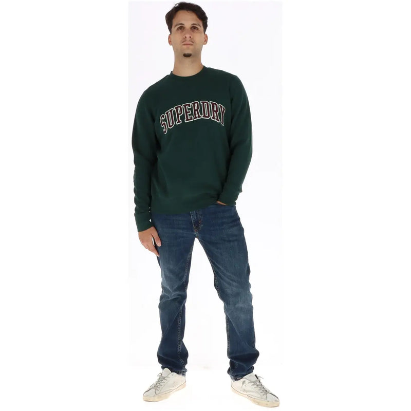 Superdry Sweat-shirt homme vert en coton, col rond, tissu vert foncé et inscription blanche et rouge en arc de cercle sur la poitrine