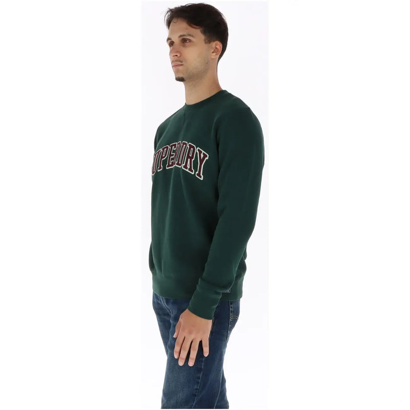 vert foncé Superdry Sweat-shirt en coton pour homme, manches longues, avec inscription Supreme en lettres bordeaux et blanches arquées.