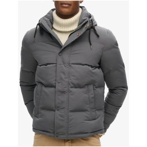 Superdry men jacket black hooded long winter with gray quilted puffer design and front button closure