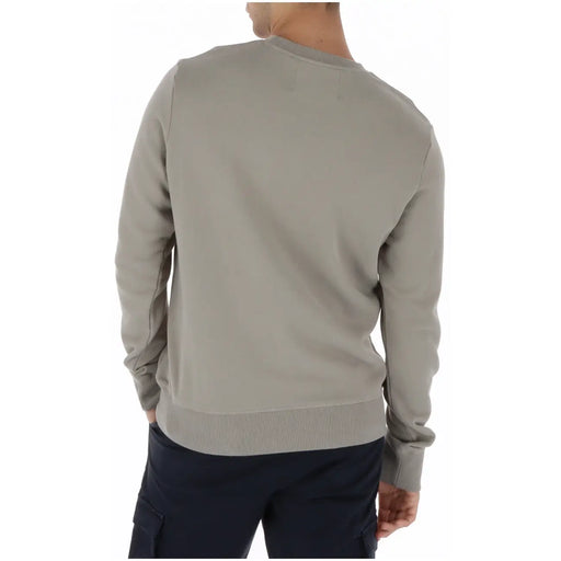 Superdry men sweatshirt beige print round neck cotton in soft muted gray with ribbed cuffs and hem