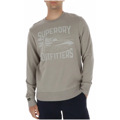 Superdry men sweatshirt beige print round neck cotton in gray with white surfboard and sunburst graphic design