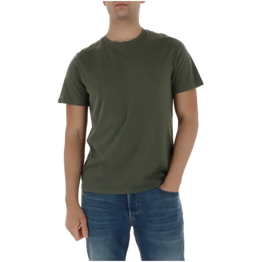 Superdry T-shirt homme vert olive en coton, col rond, manches courtes, avec petite étiquette logo sur la manche gauche