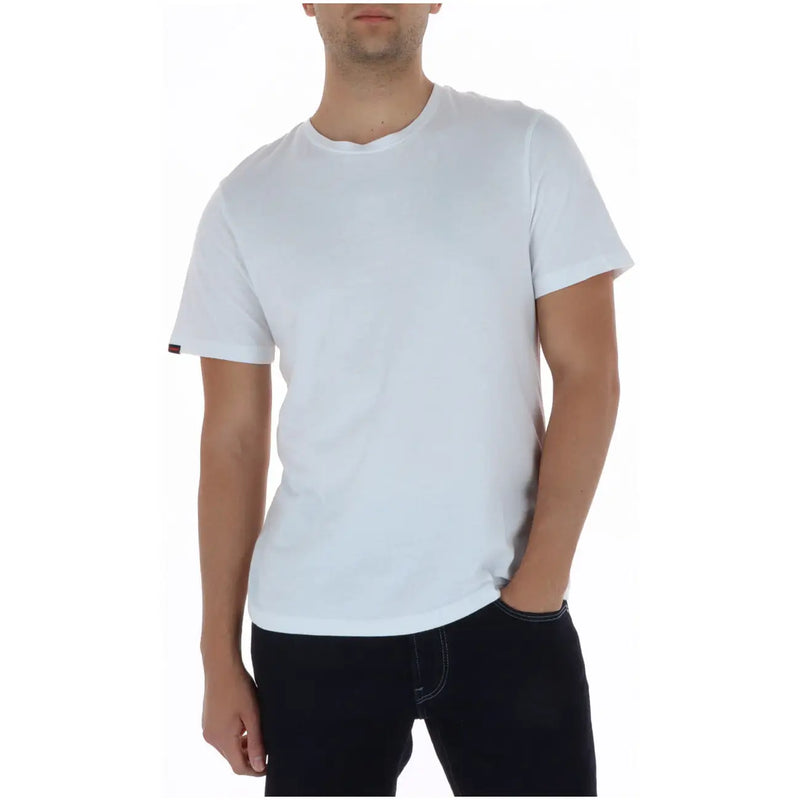 Superdry men t shirt green short sleeve cotton with white crew neck and small dark red tag on left sleeve