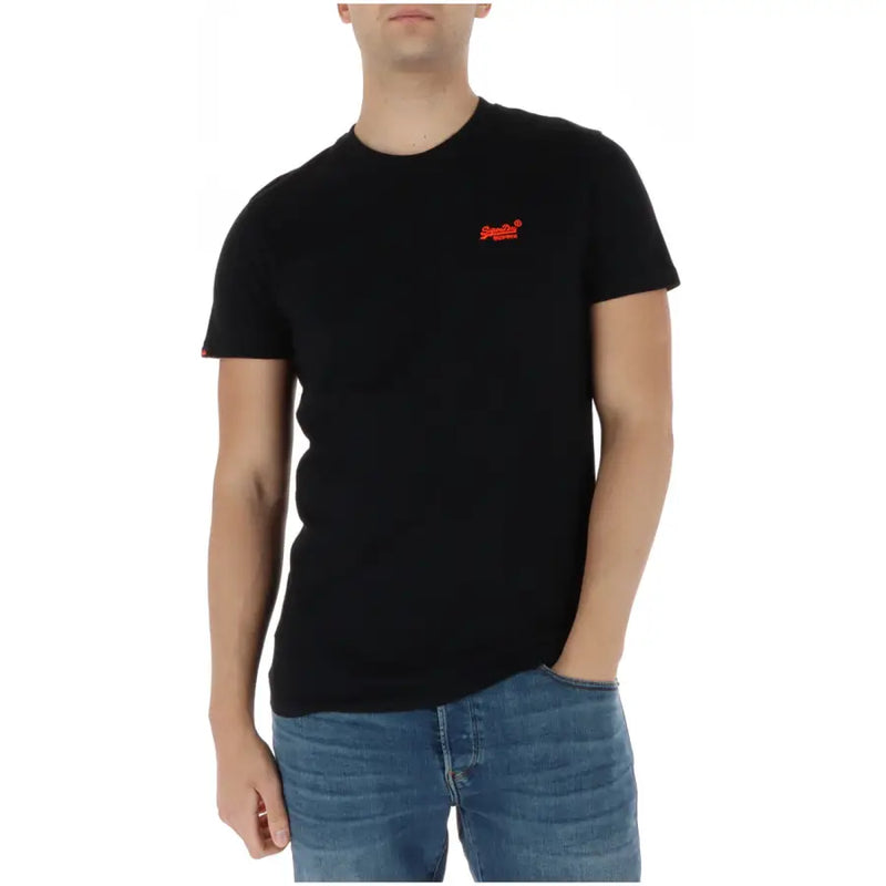 Superdry T-shirt homme noir en coton avec petit logo orange sur la poitrine gauche, manches courtes M1011245A