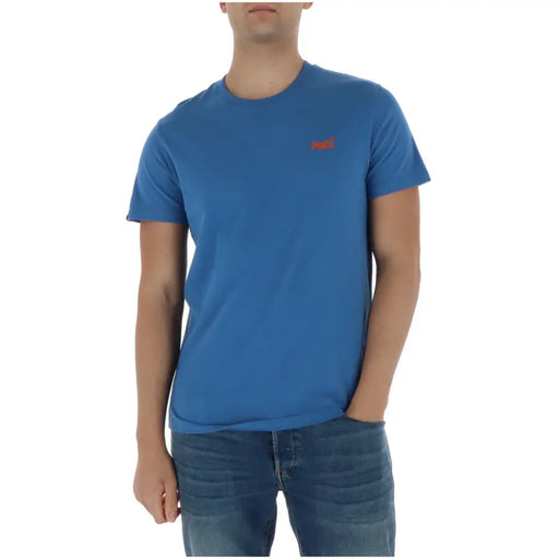 Superdry T-shirt homme bleu clair à manches courtes en coton avec un petit logo orange sur la poitrine gauche
