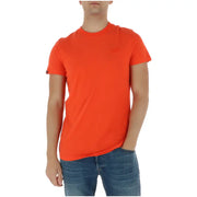 Superdry T-shirt homme orange vif à manches courtes et col rond en coton, avec logo discret sur la poitrine et les manches.