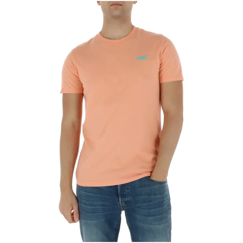 Superdry T-shirt homme bleu clair à manches courtes en coton M1011245a, t-shirt corail en coton avec petit logo turquoise sur la poitrine gauche