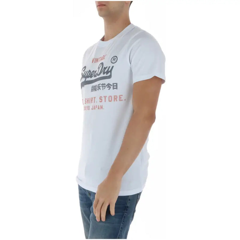 T-shirt blanc Superdry pour homme, col rond, en coton, imprimé graphique vintage multicolore, référence M1012212A