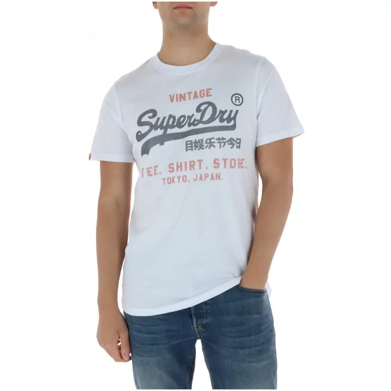 Superdry T-shirt homme blanc vintage en coton avec inscription grise et rouge, col rond, modèle M1012212A