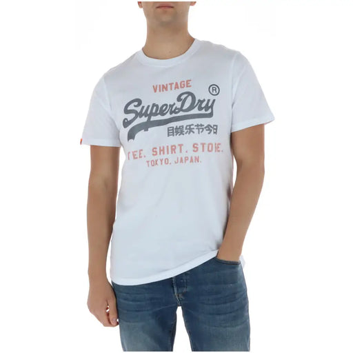 Superdry T-shirt homme blanc vintage en coton avec inscription grise et rouge, col rond, modèle M1012212A