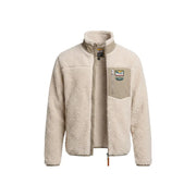 Sweat-shirt polaire zippé beige Superdry pour homme, col montant, fermeture éclair sur le devant et écusson logo sur la poche poitrine.
