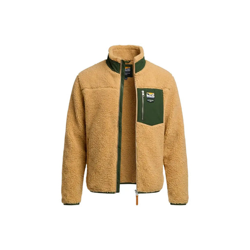 Superdry Sweat-shirt polaire jaune à fermeture éclair intégrale pour homme, couleur beige avec des accents vert foncé sur la fermeture éclair du col et la poche poitrine.
