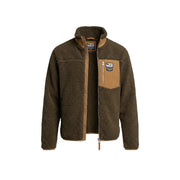 Superdry Veste polaire vert olive pour homme avec détails beiges et écusson de marque sur la poitrine, sweat-shirt à fermeture éclair intégrale