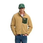 Superdry Sweat-shirt polaire jaune à fermeture éclair intégrale pour homme, doublé de polaire couleur camel, poche poitrine et tirette de fermeture éclair vert foncé.