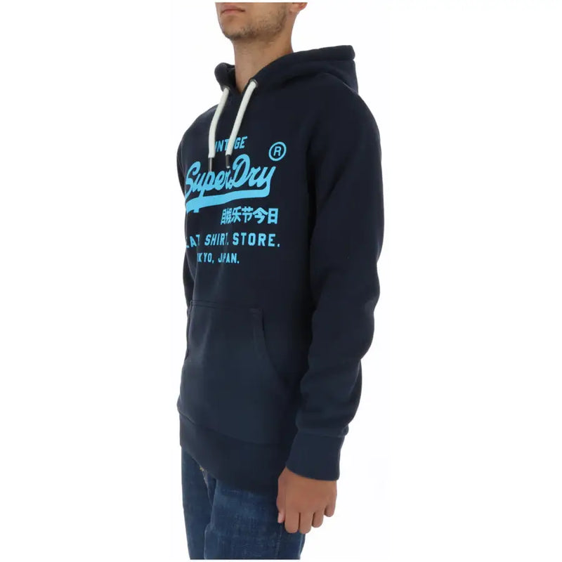 Superdry men’s navy blue printed sweatshirt with light blue vintage logo white drawstrings and front pockets
