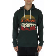 Superdry men’s green hooded sweatshirt with retro sunset mountain graphic white drawstrings and front pockets