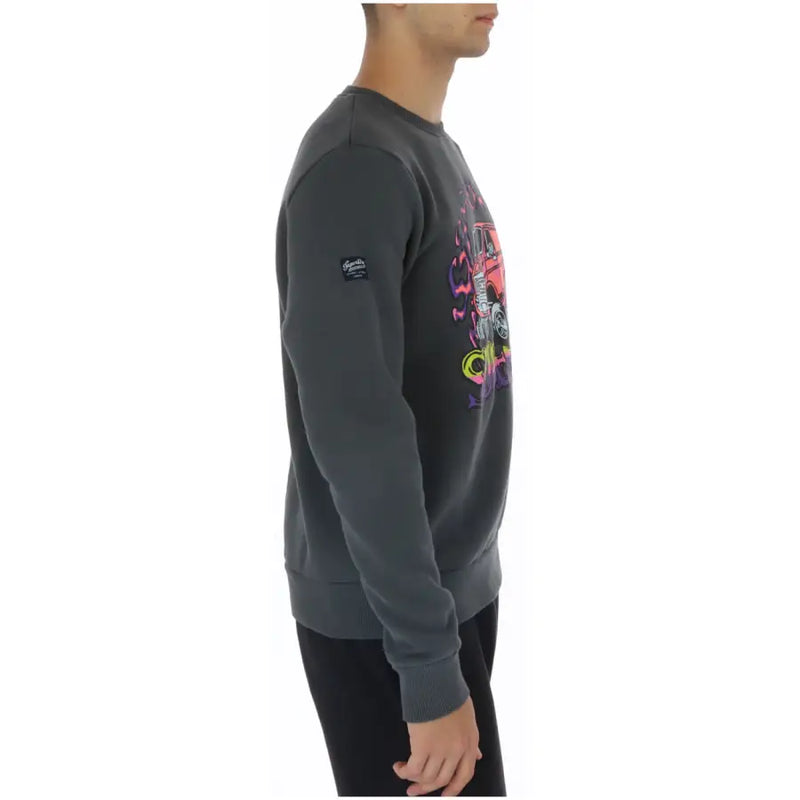 Dark gray Superdry men’s crewneck sweatshirt with vibrant red vehicle graphic and fiery neon accents on the front