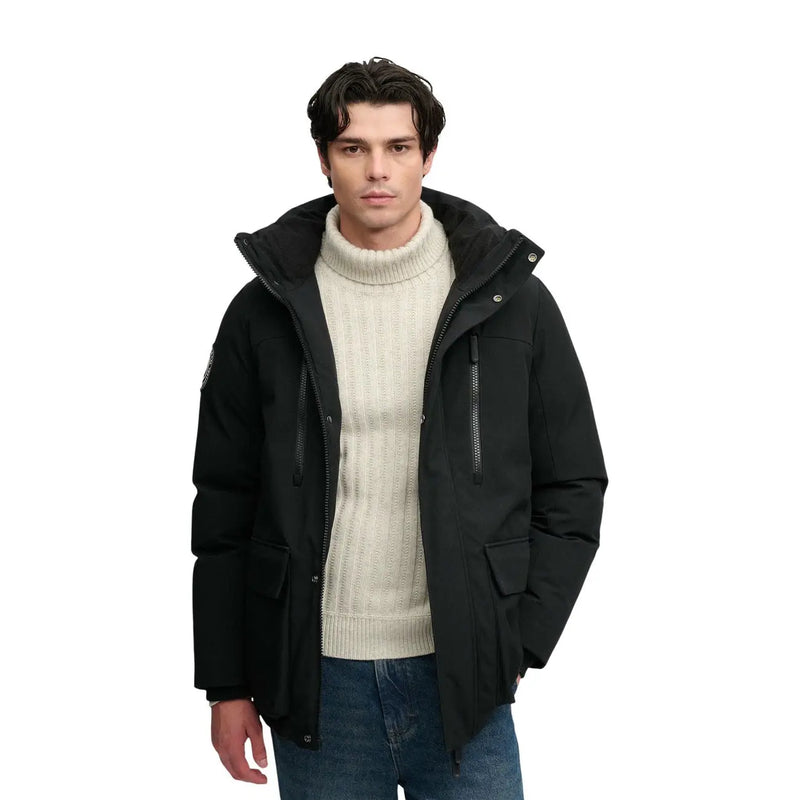 Superdry Parka City noire pour homme, avec capuche et fermeture éclair sur le devant, vue de face