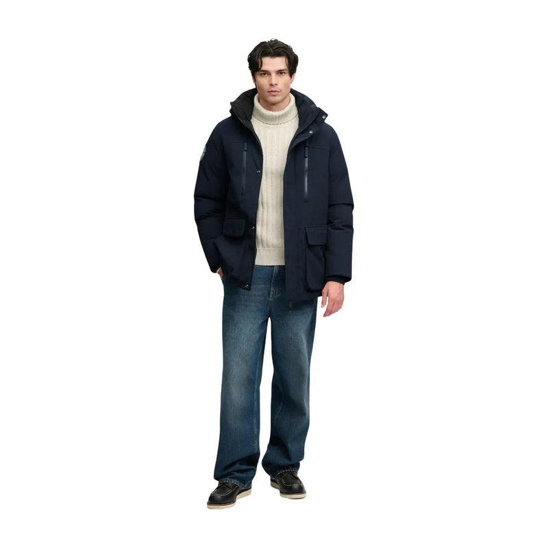 Superdry Parka City pour homme bleu marine avec capuche et poches zippées à l'avant, vue de face