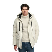 Superdry Parka City pour femme couleur crème avec tirettes de fermeture éclair et capuche noires (vue de face et de côté)